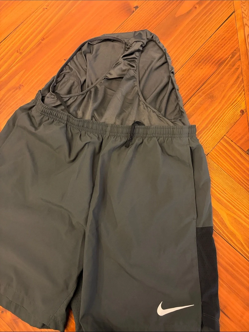 Nike Men's Gray Athletic Shorts with White Swoosh